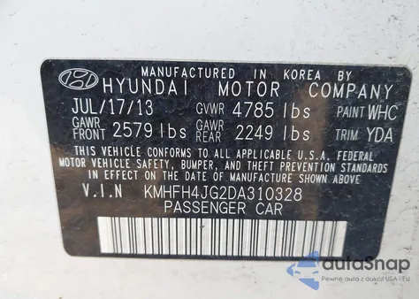 2013 Hyundai Azera из США, поврежденный, VIN KMHFH4JG2DA310328